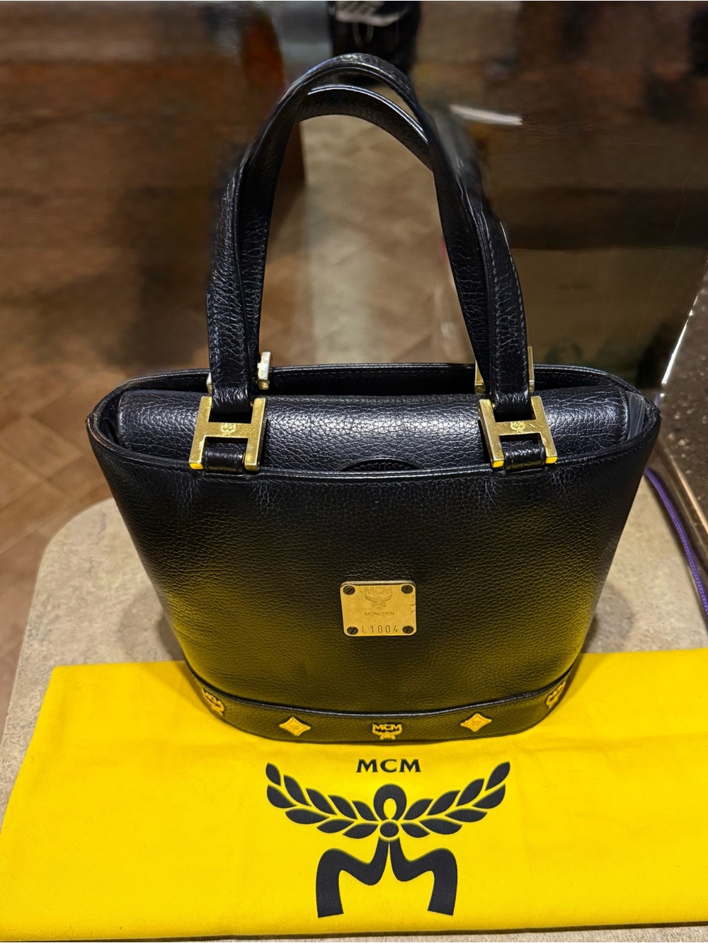 MCM "VINTAGE" München Black Leather Mini Satchel/Tote Bag with Gold Hardware